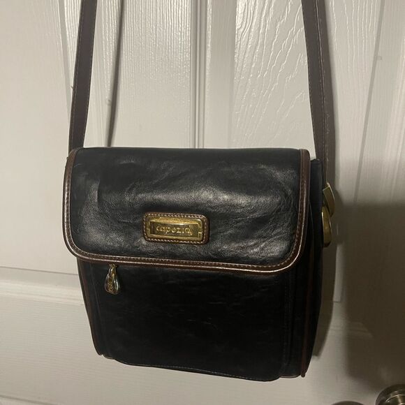Capezio Black Leather Crossbody Bag with brown trim and gold tone hardwares - Picture 1 of 13